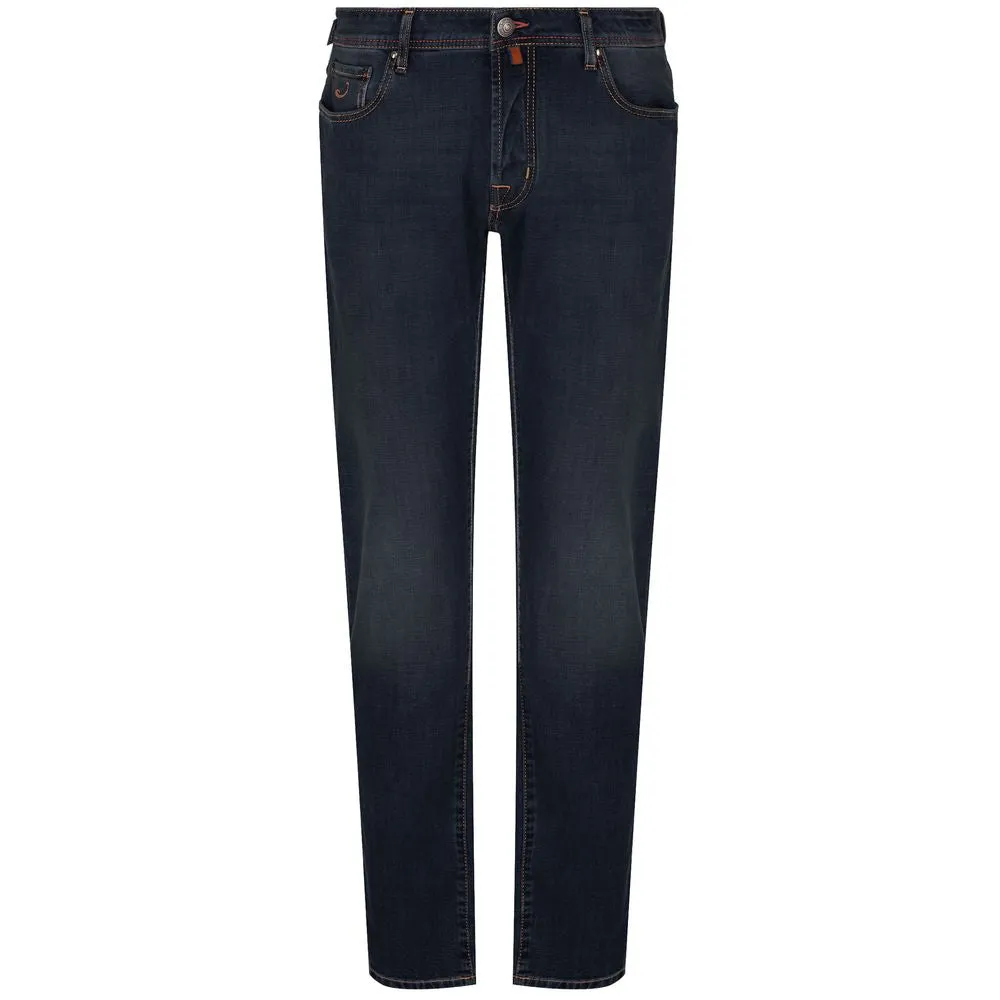 Jacob Cohen Blue Cotton Men Jeans with Orange Stitch Detail sold by Siebentaschen