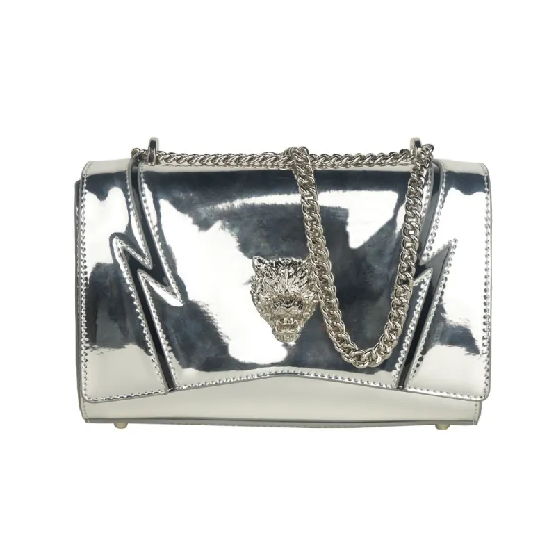 Plein Sport Elegant Gray Chain-Strapped Shoulder Bag sold by Siebentaschen