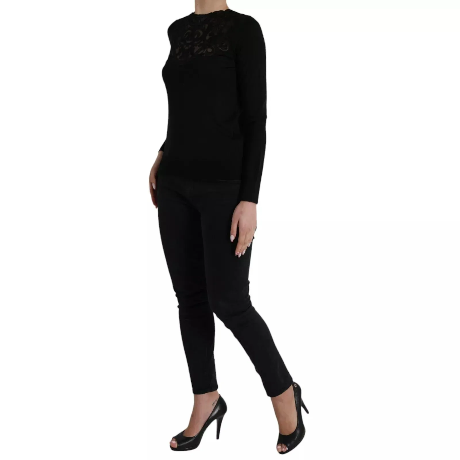 Dolce & Gabbana Black Silk Lace Trim Long Sleeves Blouse Top sold by Siebentaschen product image thumbnail 2