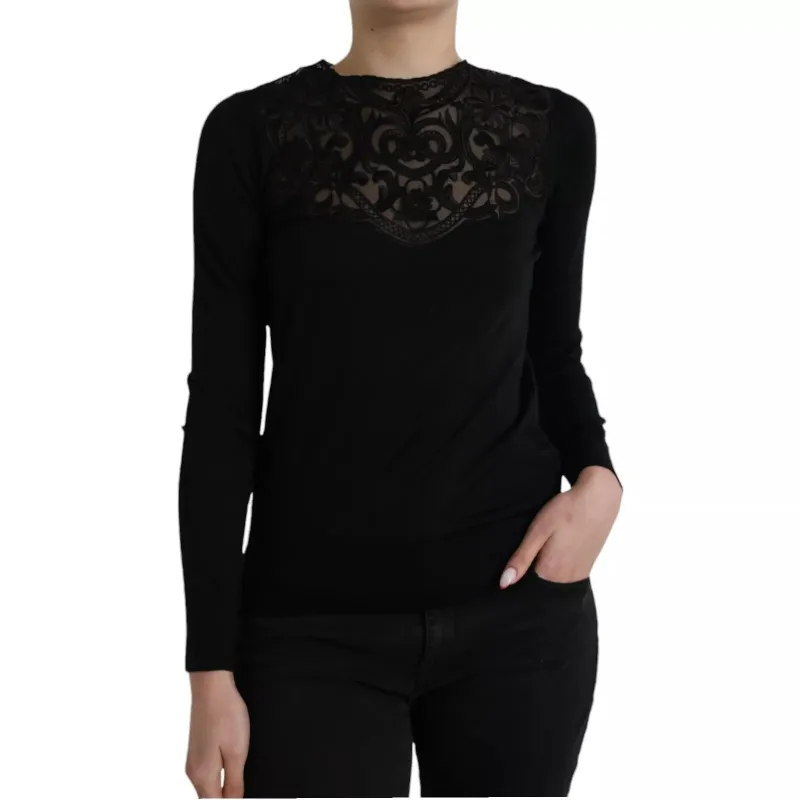 Dolce & Gabbana Black Silk Lace Trim Long Sleeves Blouse Top sold by Siebentaschen