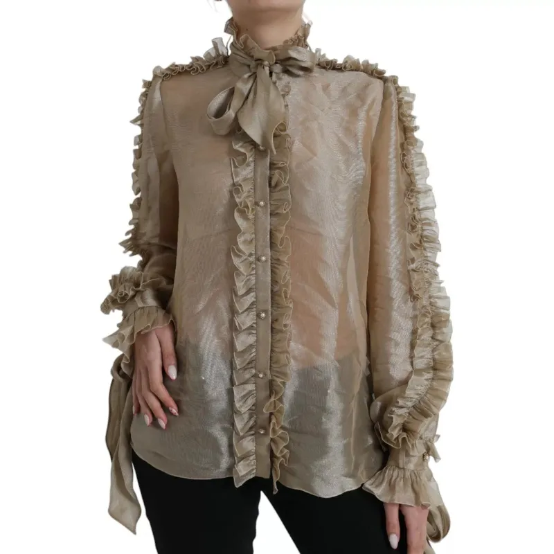 Dolce & Gabbana Gold Ascot Collar Ruffles Blouse Top sold by Siebentaschen