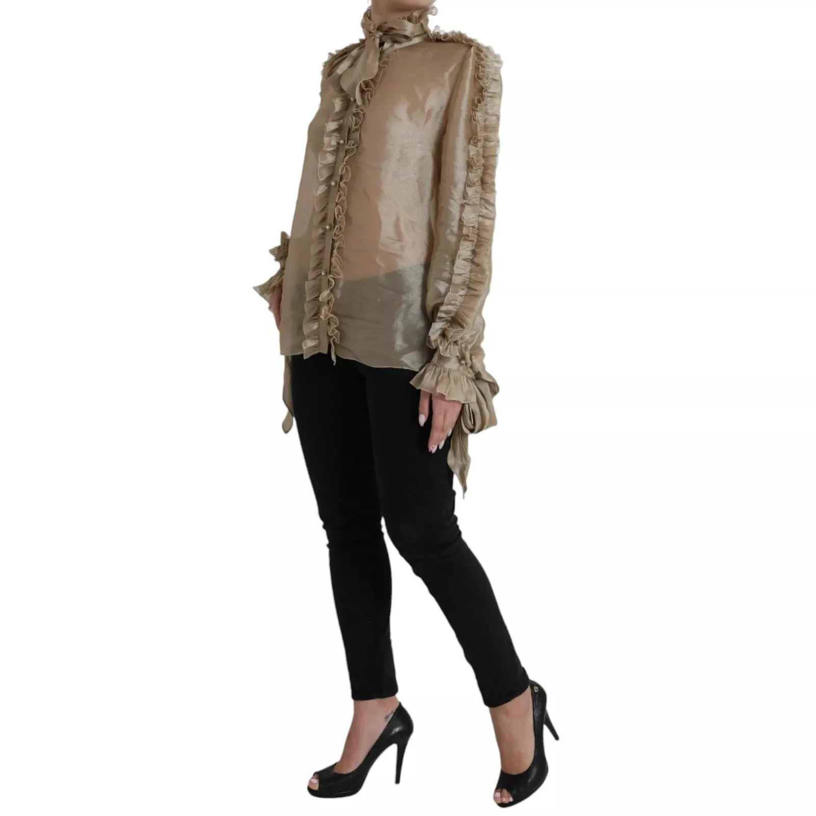 Dolce & Gabbana Gold Ascot Collar Ruffles Blouse Top sold by Siebentaschen product image thumbnail 2