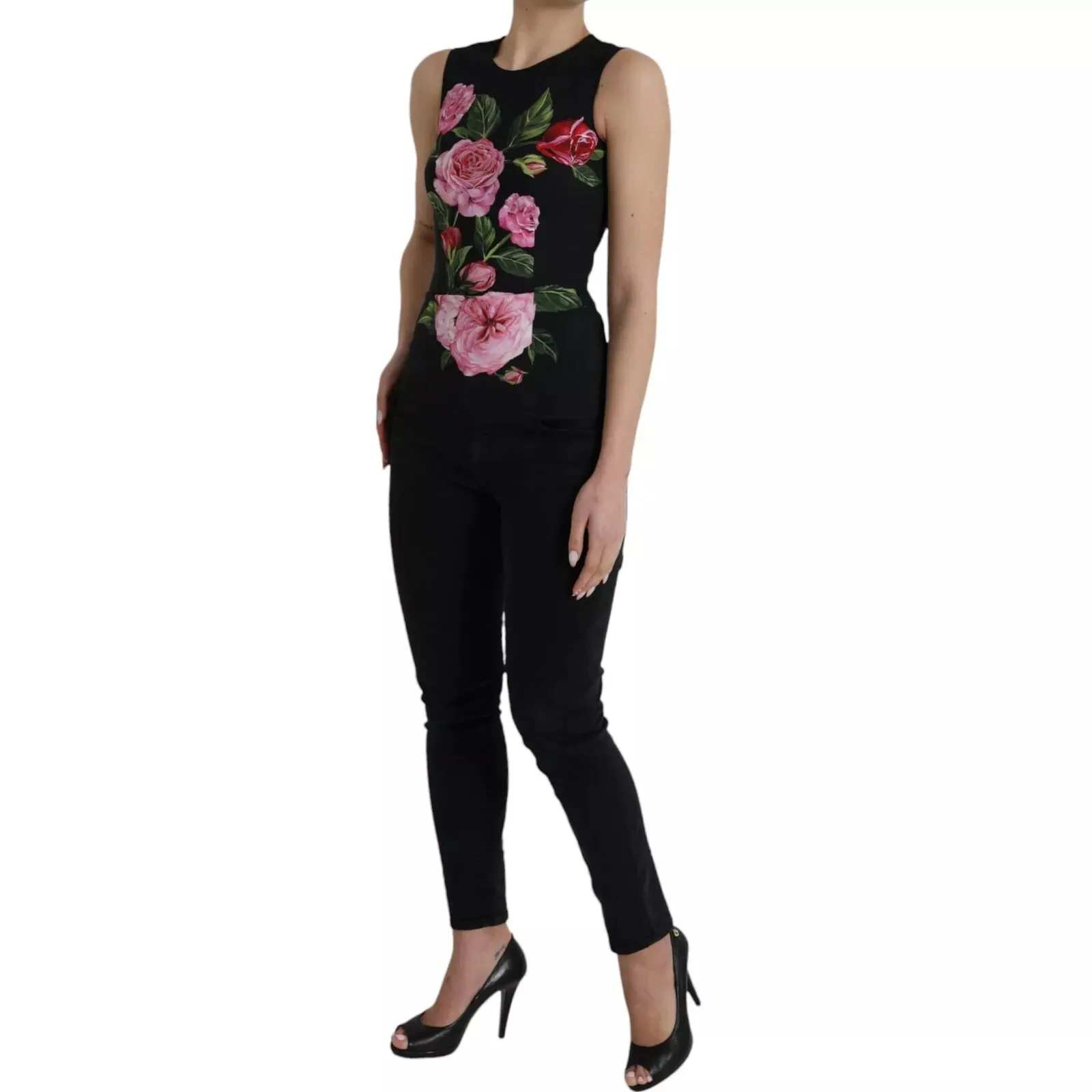 Dolce & Gabbana Black Floral Viscose Round Neck Tank Top sold by Siebentaschen product image thumbnail 2