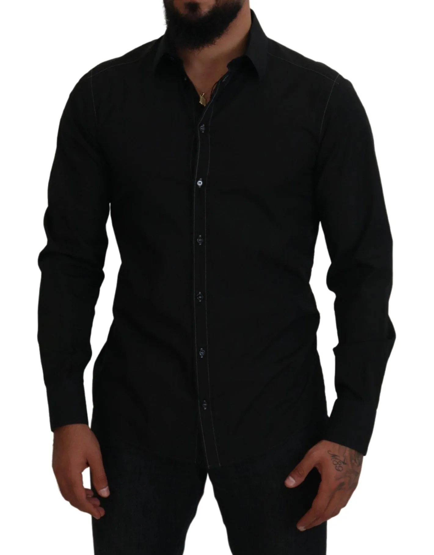Dolce & Gabbana Black Cotton Collared Long Sleeve GOLD Shirt sold by Siebentaschen product image thumbnail 5