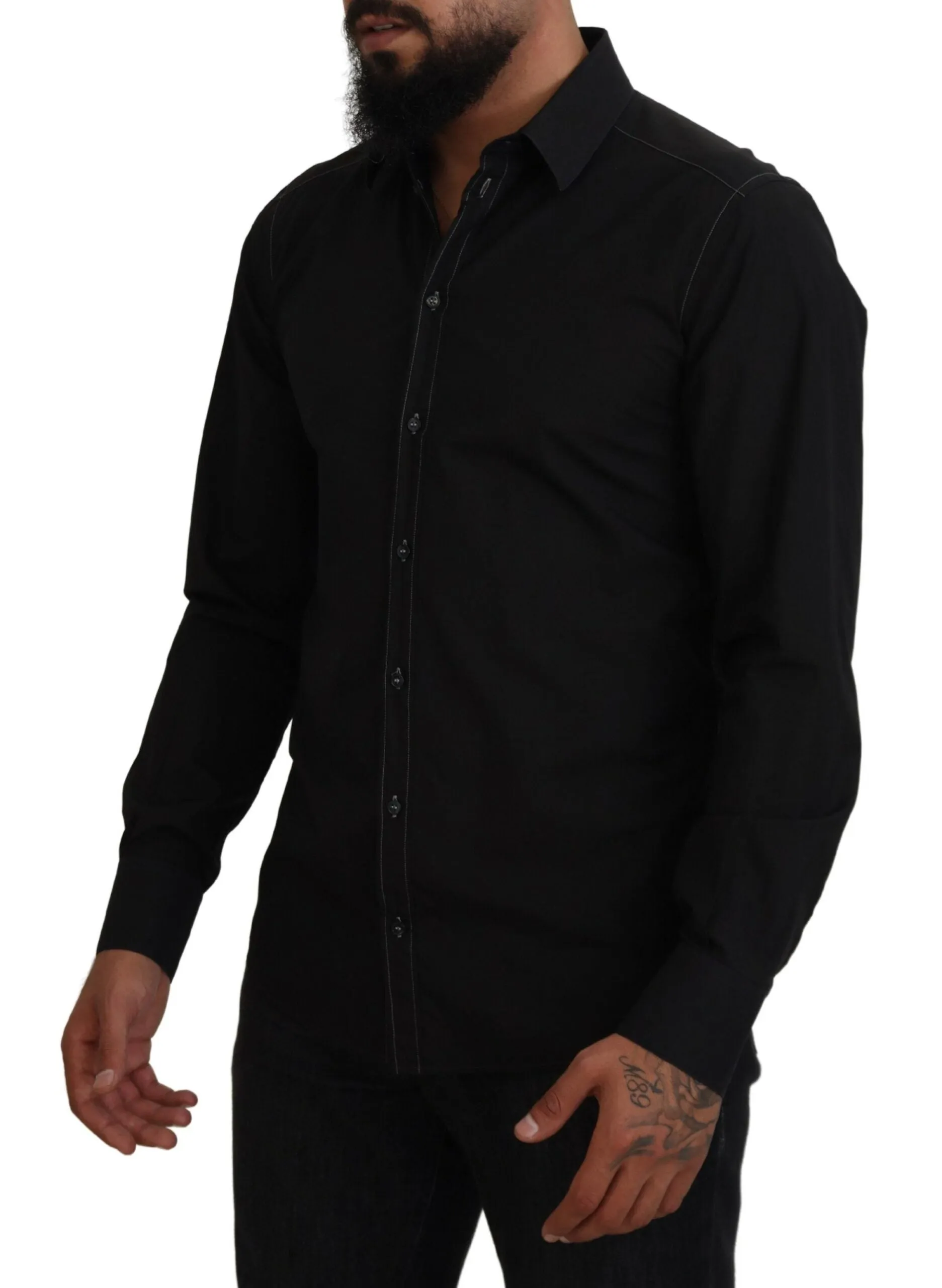 Dolce & Gabbana Black Cotton Collared Long Sleeve GOLD Shirt sold by Siebentaschen product image thumbnail 2
