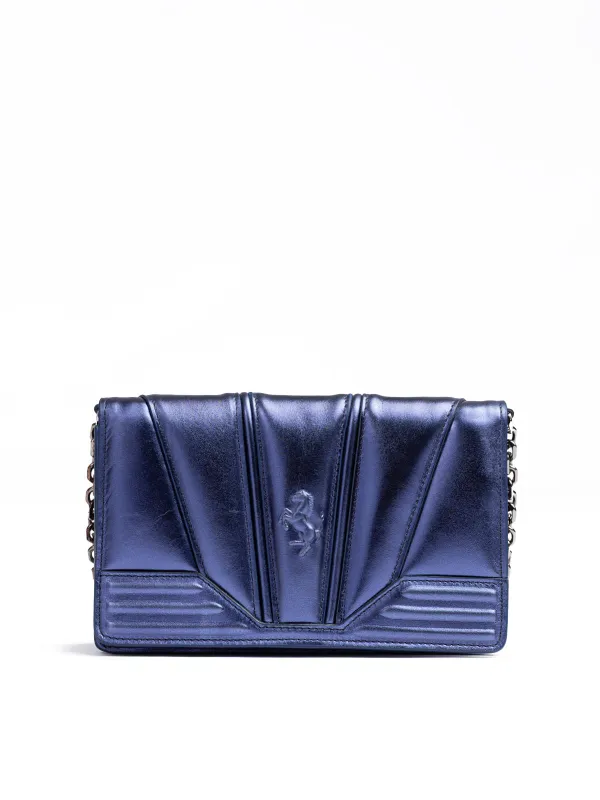 Ferrari Metal blue GT patent leather bag with chain sold by Siebentaschen