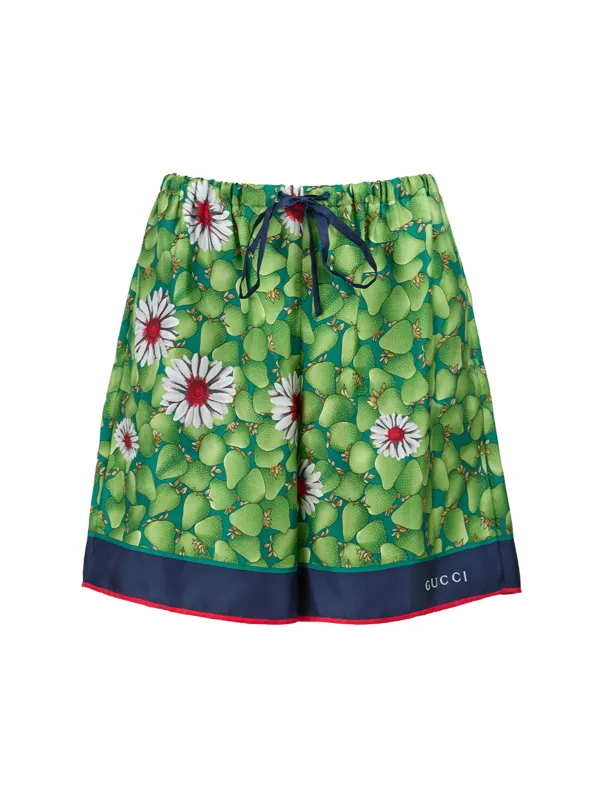 Gucci Green Flower Printed Silk Shorts sold by Siebentaschen