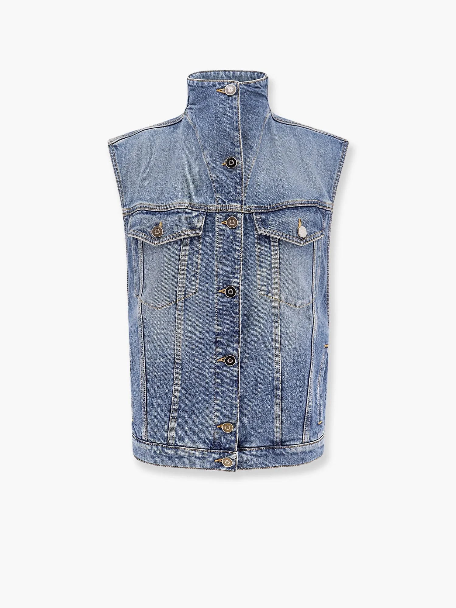 ALAIA Stone washed denim sleeveless jacket sold by Siebentaschen
