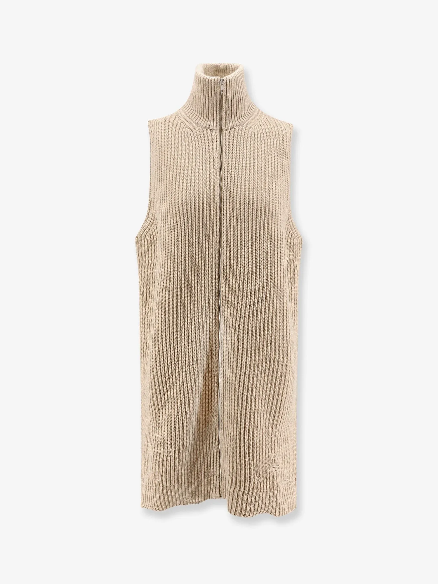 MM6 MAISON MARGIELA Sleeveless long wool blend cardigan with distressed effect sold by Siebentaschen