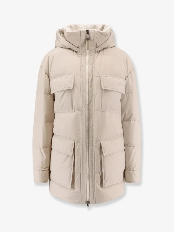 Brunello Cucinelli Nylon and cotton hooded down jacket sold by Siebentaschen