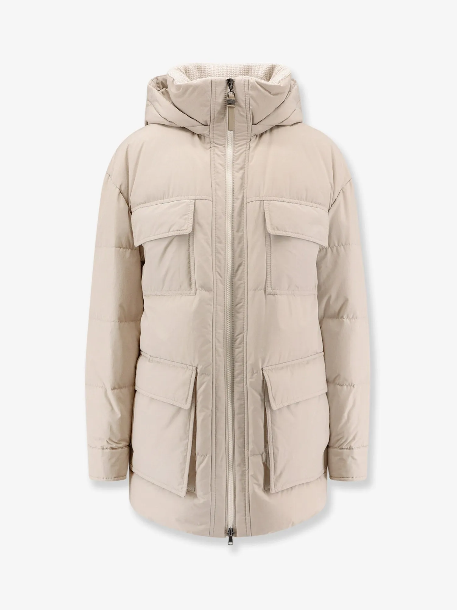Brunello Cucinelli Nylon and cotton hooded down jacket sold by Siebentaschen