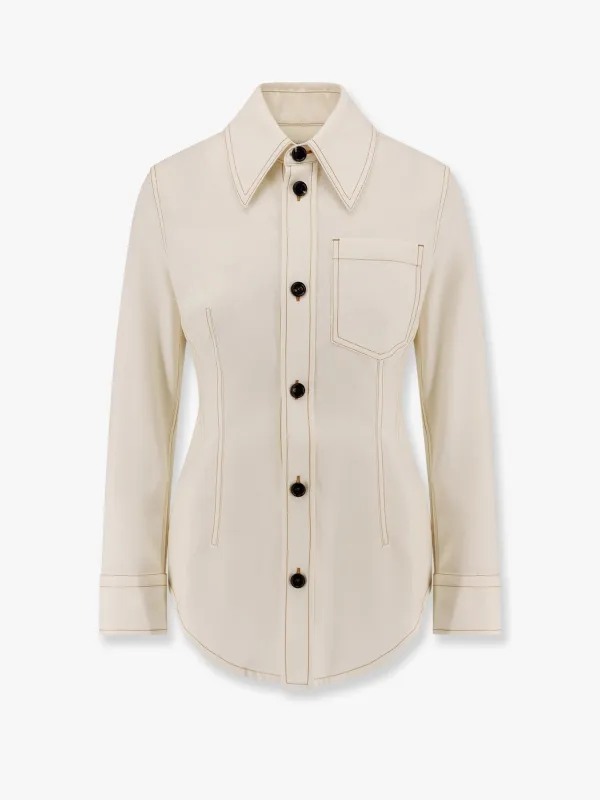 Bottega Veneta Traverl light wool shirt with maxi pointed collar sold by Siebentaschen