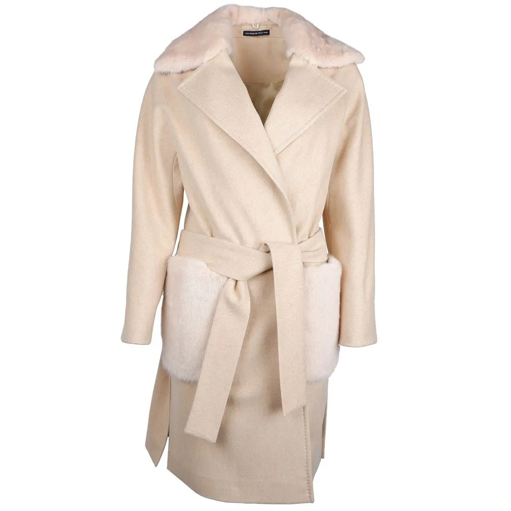 Made in Italy Beige Wool Women Coat with Rabbit Fur Collar sold by Siebentaschen