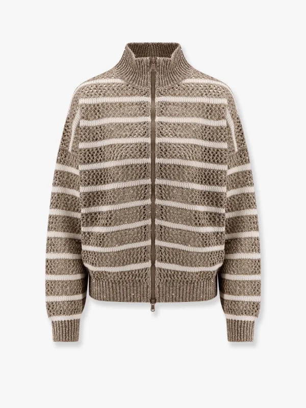 Brunello Cucinelli Dazzling striped net linen blend cardigan with sequins sold by Siebentaschen