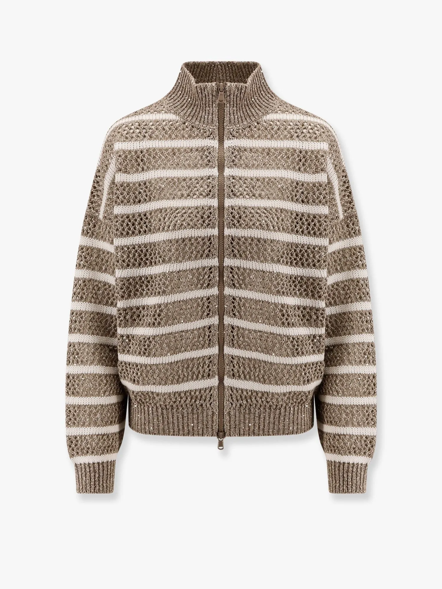 Brunello Cucinelli Dazzling striped net linen blend cardigan with sequins sold by Siebentaschen