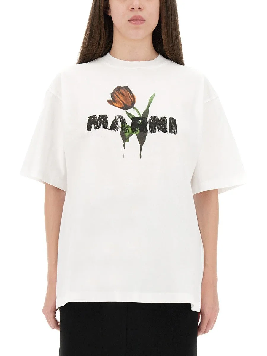Marni WHITE COTTON T-SHIRT WITH TULIP PRINT sold by Siebentaschen product image thumbnail 4