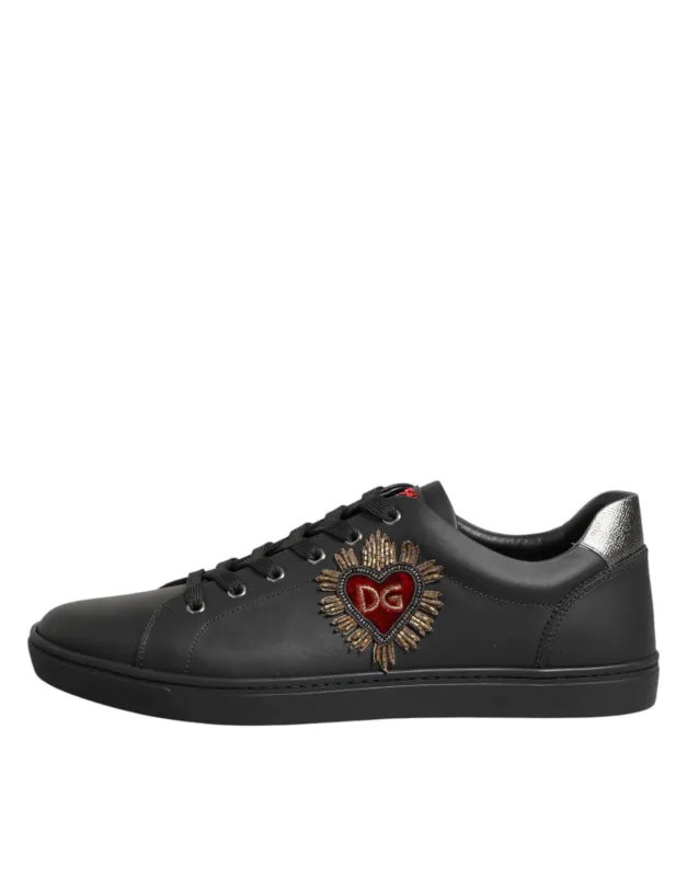 Dolce & Gabbana Black Leather Heart Embellished Sneakers Shoes sold by Siebentaschen