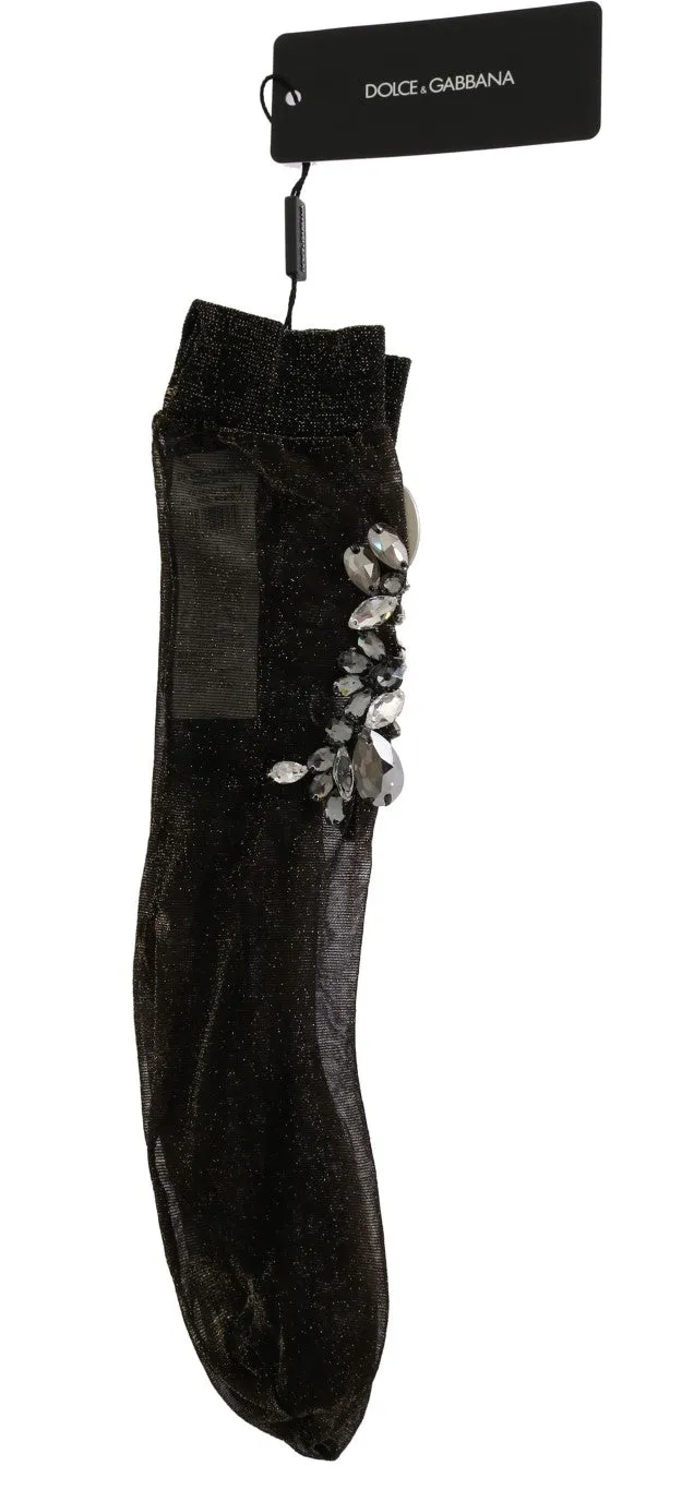 Dolce & Gabbana Black Stretch Floral Clear Crystal Socks sold by Siebentaschen product image thumbnail 4