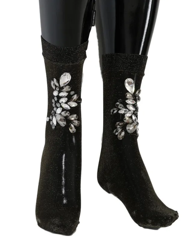 Dolce & Gabbana Black Stretch Floral Clear Crystal Socks sold by Siebentaschen