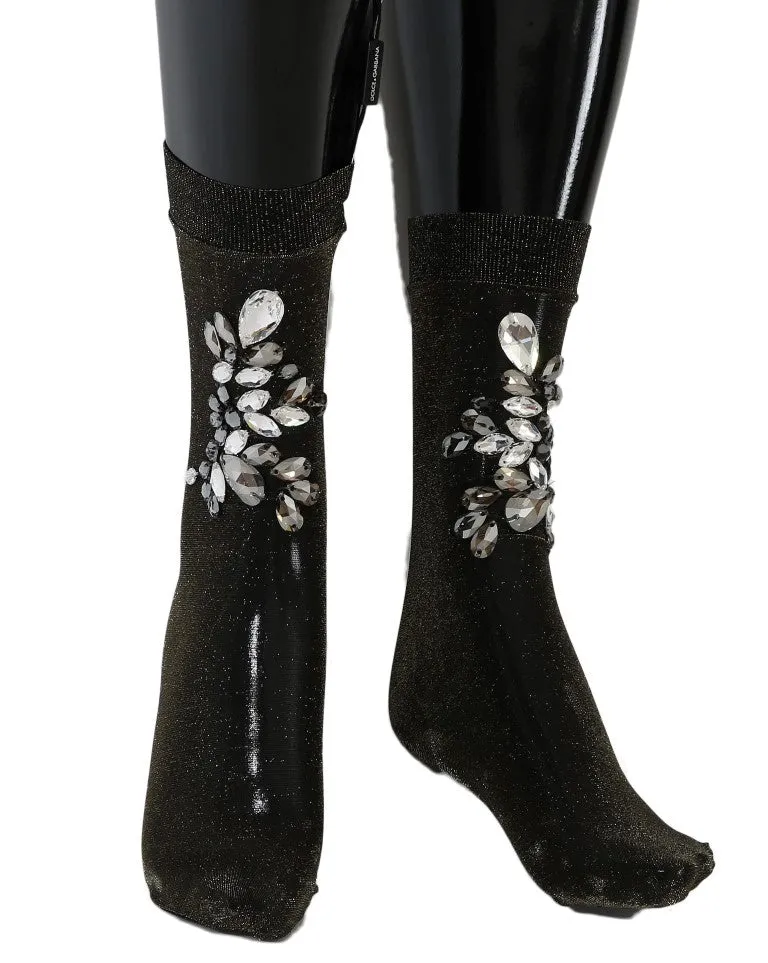 Dolce & Gabbana Black Stretch Floral Clear Crystal Socks sold by Siebentaschen