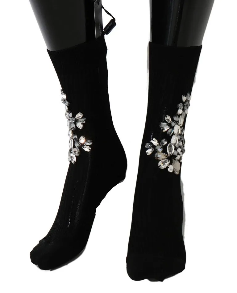 Dolce & Gabbana Black Knitted Floral Clear Crystal Socks sold by Siebentaschen product image thumbnail 3