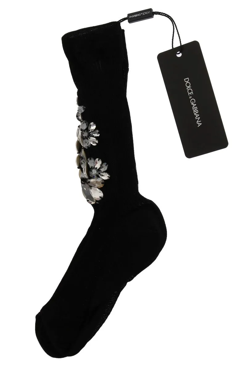 Dolce & Gabbana Black Knitted Floral Clear Crystal Socks sold by Siebentaschen product image thumbnail 4