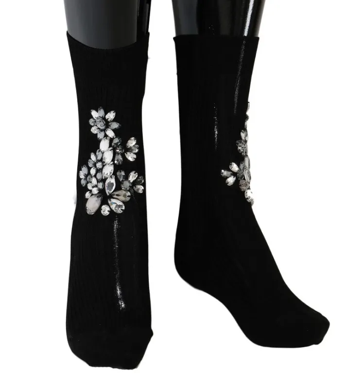 Dolce & Gabbana Black Knitted Floral Clear Crystal Socks sold by Siebentaschen