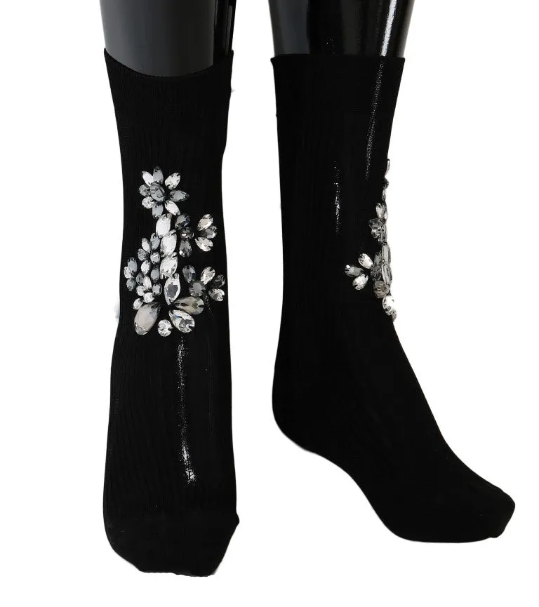 Dolce & Gabbana Black Knitted Floral Clear Crystal Socks sold by Siebentaschen