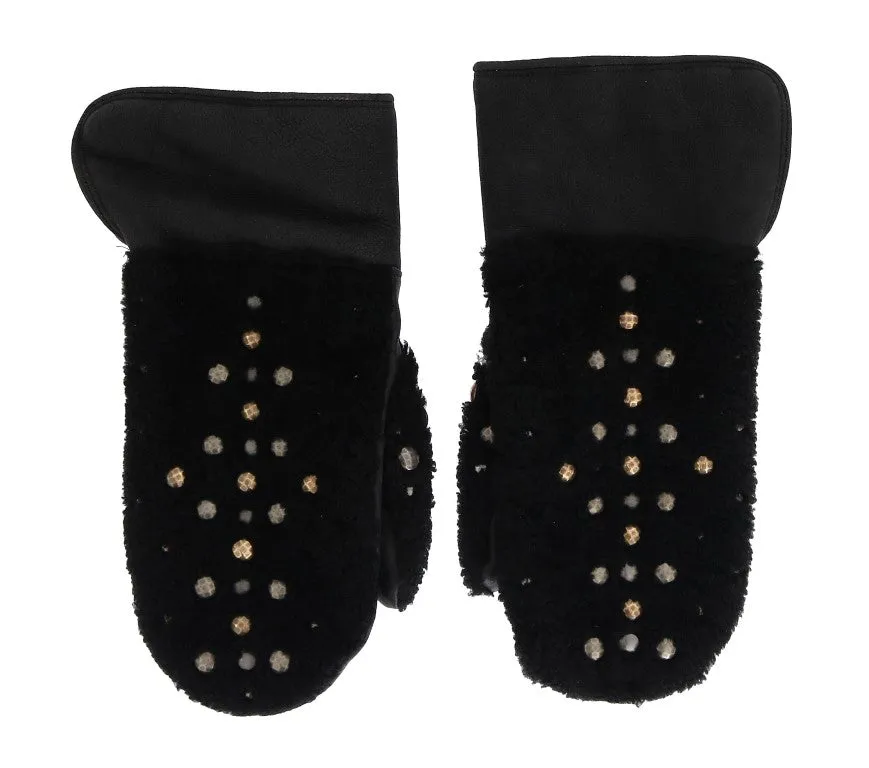 Dolce & Gabbana Black Leather Shearling Studded Gloves sold by Siebentaschen product image thumbnail 4