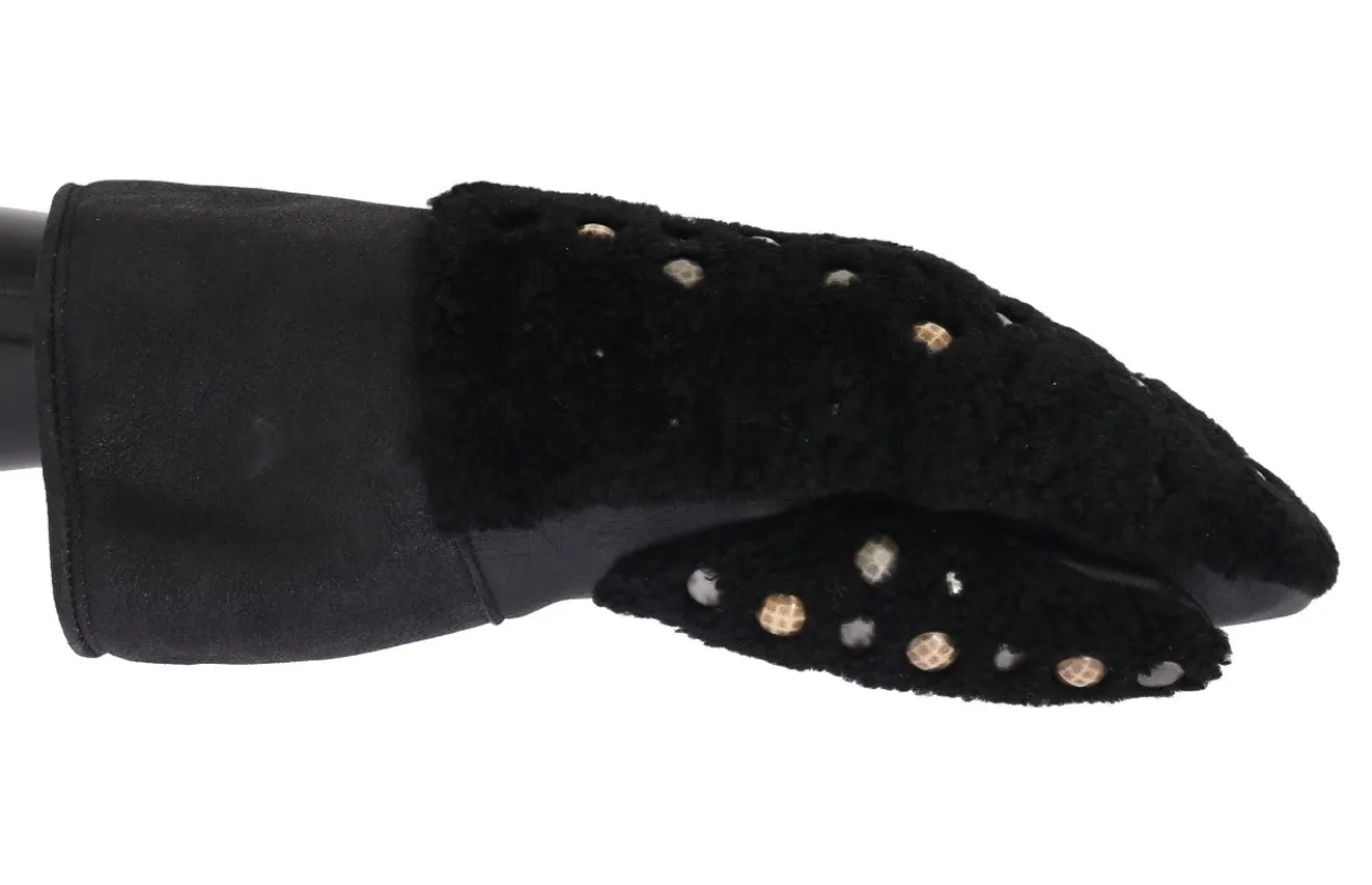 Dolce & Gabbana Black Leather Shearling Studded Gloves sold by Siebentaschen