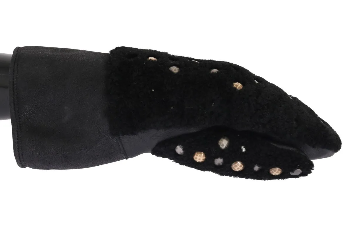 Dolce & Gabbana Black Leather Shearling Studded Gloves sold by Siebentaschen