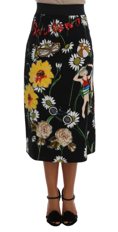 Dolce & Gabbana Black Embellished Daisy Brocade Skirt sold by Siebentaschen