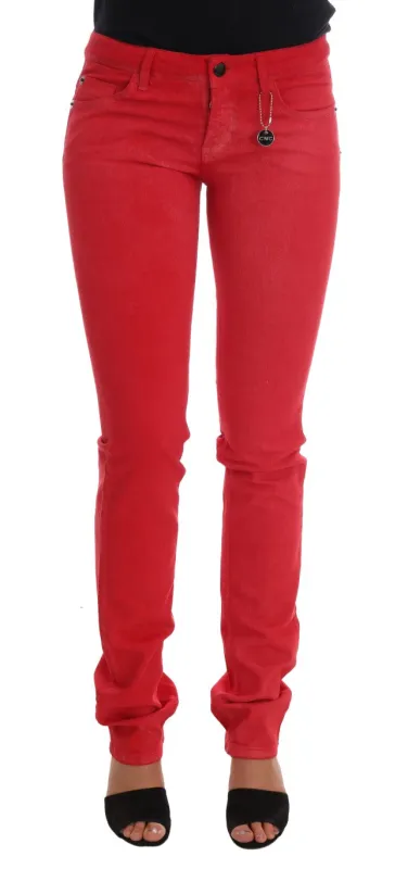 Costume National Red Cotton Stretch Slim Jeans sold by Siebentaschen