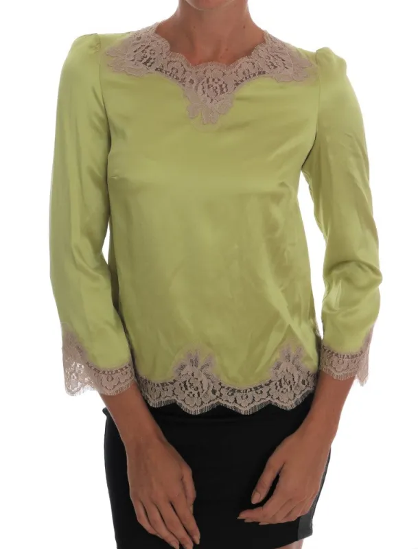 Dolce & Gabbana Green Silk Stretch Blouse Top sold by Siebentaschen