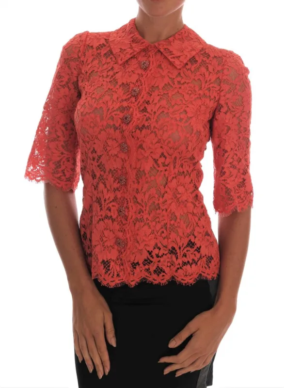 Dolce & Gabbana Orange Crystal Buttons Floral Lace Blouse sold by Siebentaschen