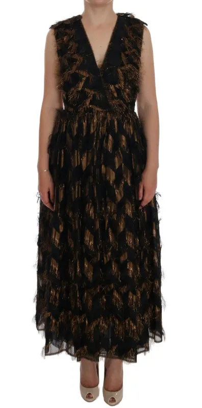 Dolce & Gabbana Black Silk Brown Fringes A-Line Dress sold by Siebentaschen