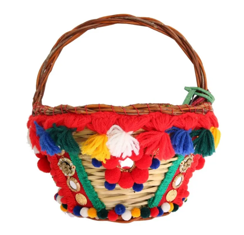 Dolce & Gabbana Multicolor AGNESE Straw Crystal  Pom Pom Bag sold by Siebentaschen
