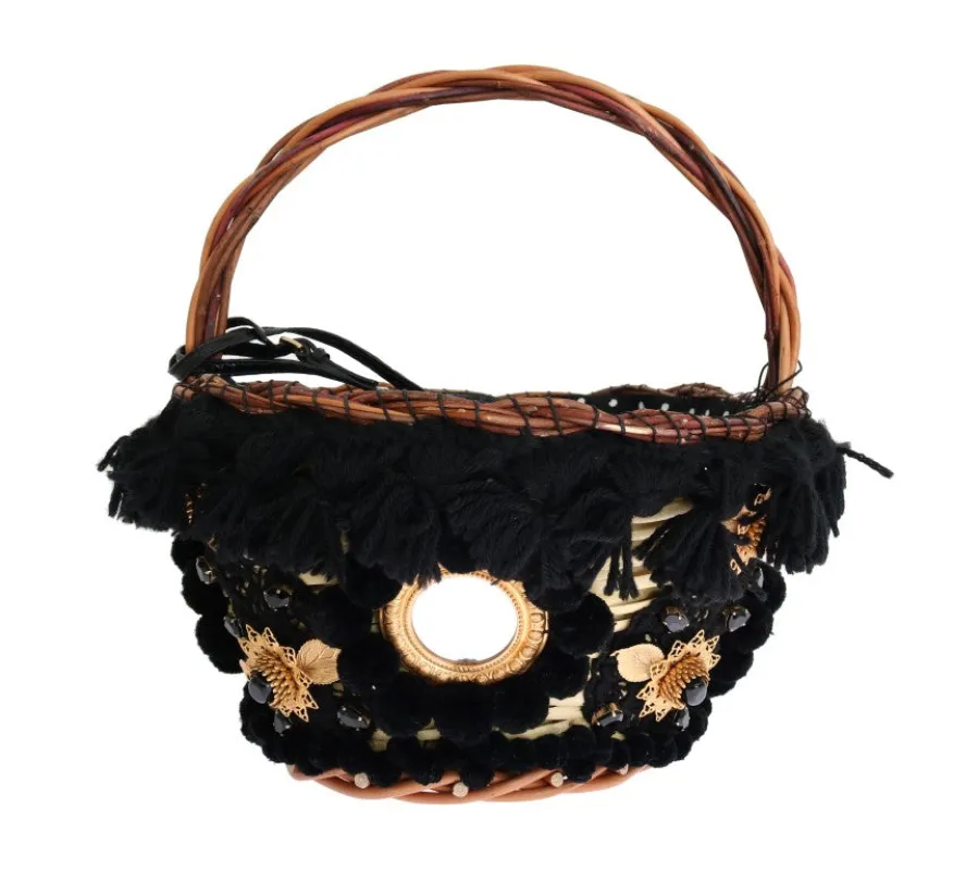 Dolce & Gabbana Beige Straw Snakeskin Pom Pom Crystal AGNESE Bag sold by Siebentaschen