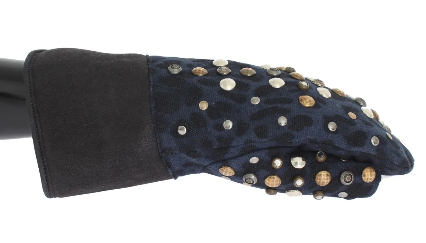 Dolce & Gabbana Gray Wool Shearling Studded Blue Leopard Gloves sold by Siebentaschen