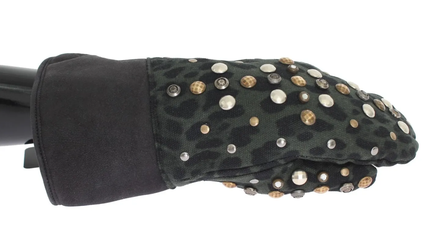 Dolce & Gabbana Gray Wool Shearling Studded Green Leopard Gloves made by Siebentaschen