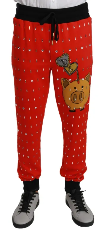 Dolce & Gabbana Red Piggy Bank Cotton Crystal Trousers Pants sold by Siebentaschen