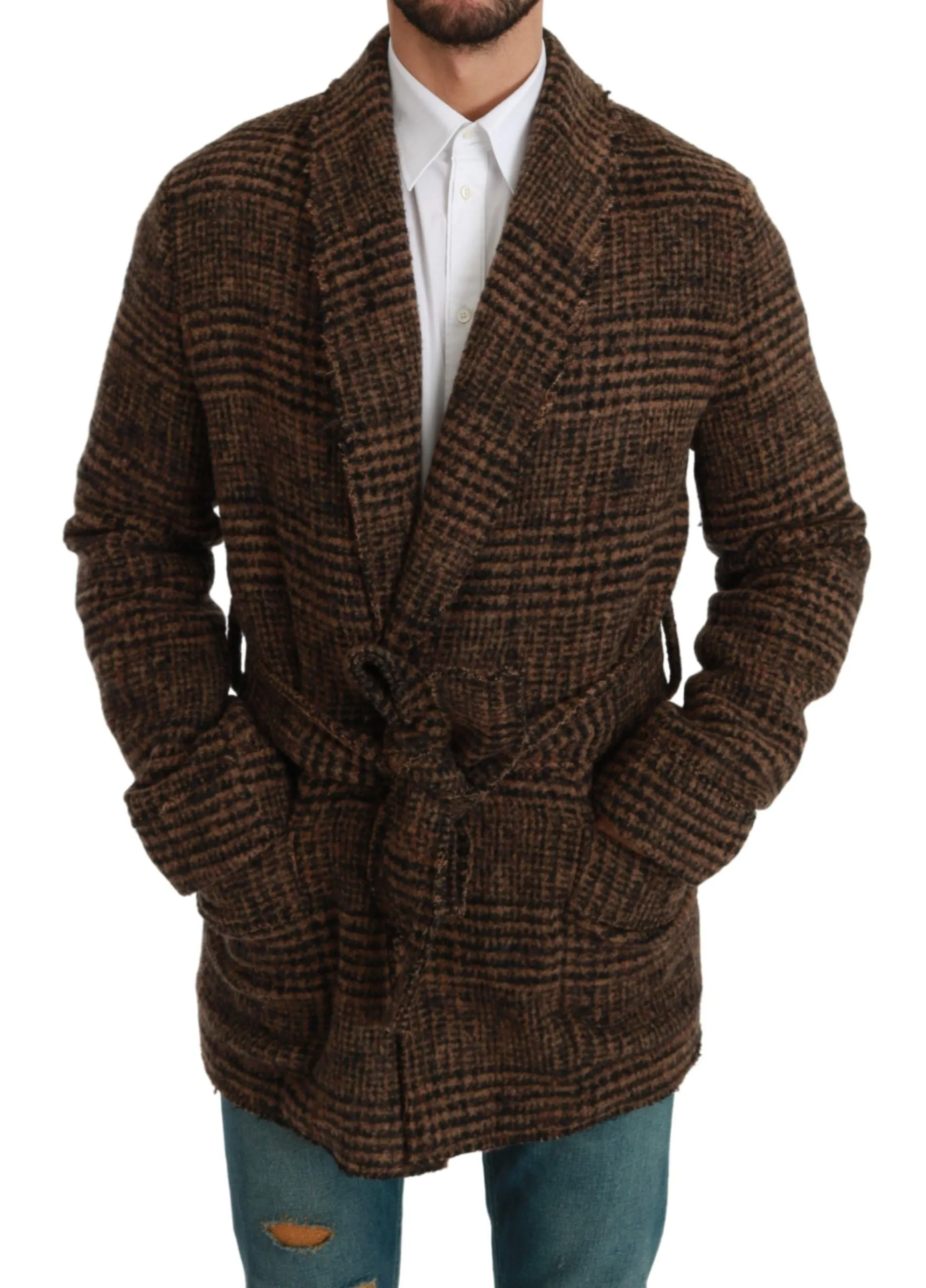 Dolce & Gabbana Brown Checkered Wool Robe Coat Wrap Jacket sold by Siebentaschen product image thumbnail 2