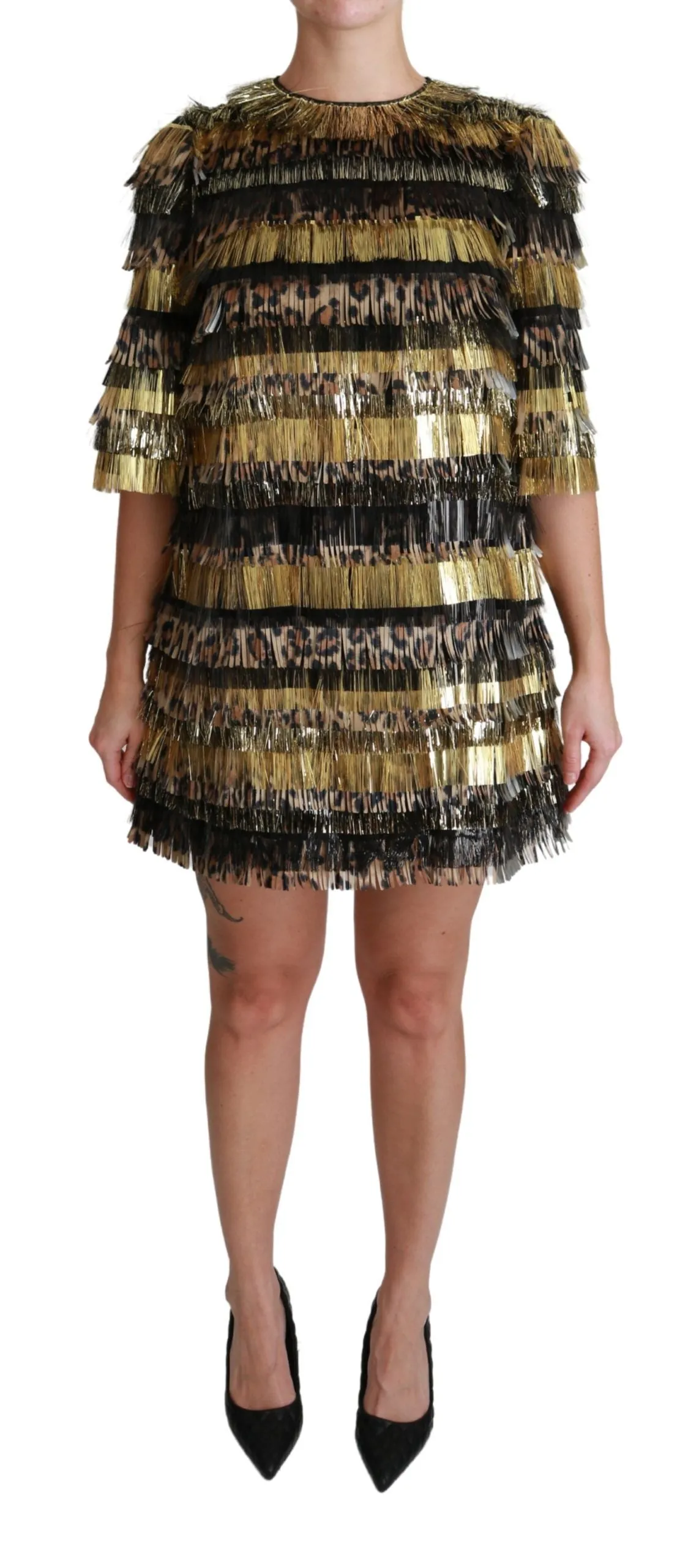 Dolce & Gabbana Polyester Black Gold Leopard Shift Mini Dress sold by Siebentaschen