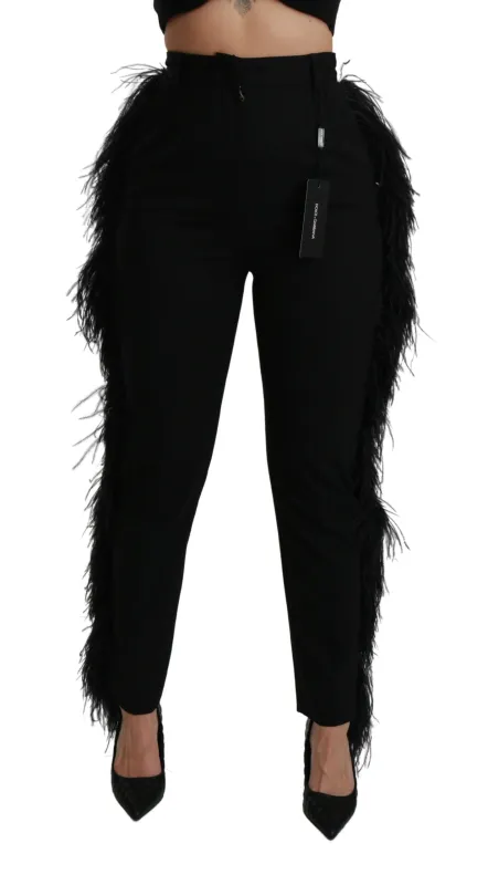 Dolce & Gabbana Black Feather Straight High Waist Wool Pants sold by Siebentaschen