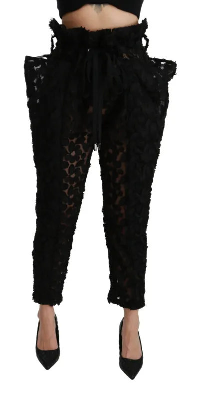 Dolce & Gabbana Black Floral Lace Tapered High Waist Pants sold by Siebentaschen
