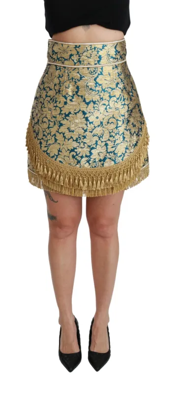 Dolce & Gabbana Blue High Waist Jacquard Tassel Gold Skirt sold by Siebentaschen