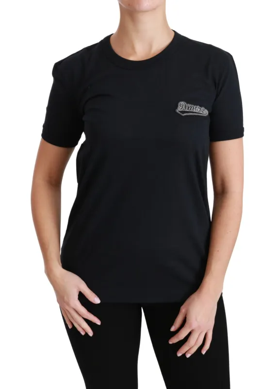 Dolce & Gabbana Blue Amore Patch Crewneck Cotton Top T-shirt sold by Siebentaschen
