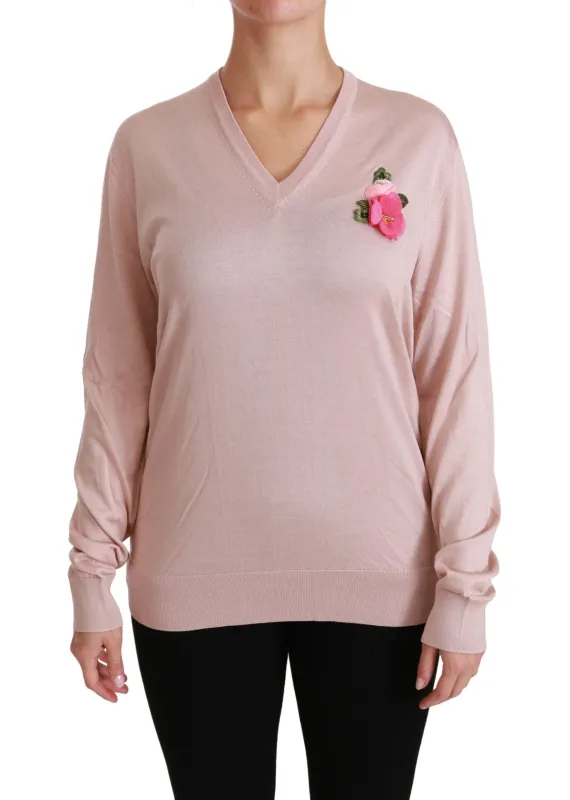 Dolce & Gabbana Pink Floral Embellished Pullover Silk Sweater sold by Siebentaschen