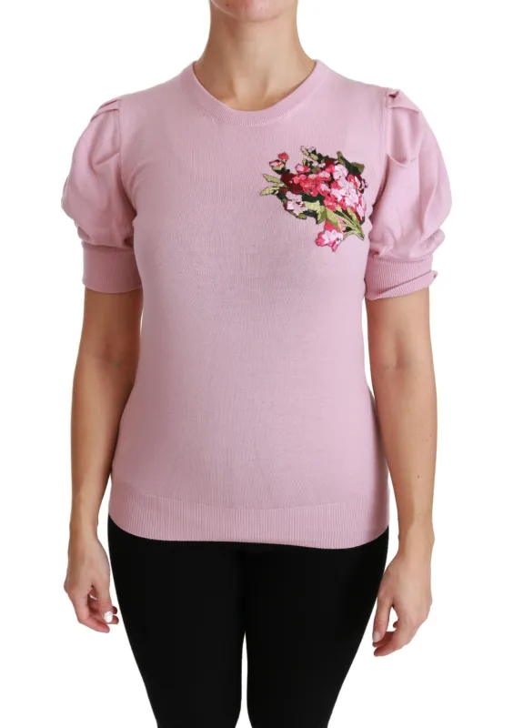 Dolce & Gabbana Pink Floral Embroidered Blouse Wool Top sold by Siebentaschen
