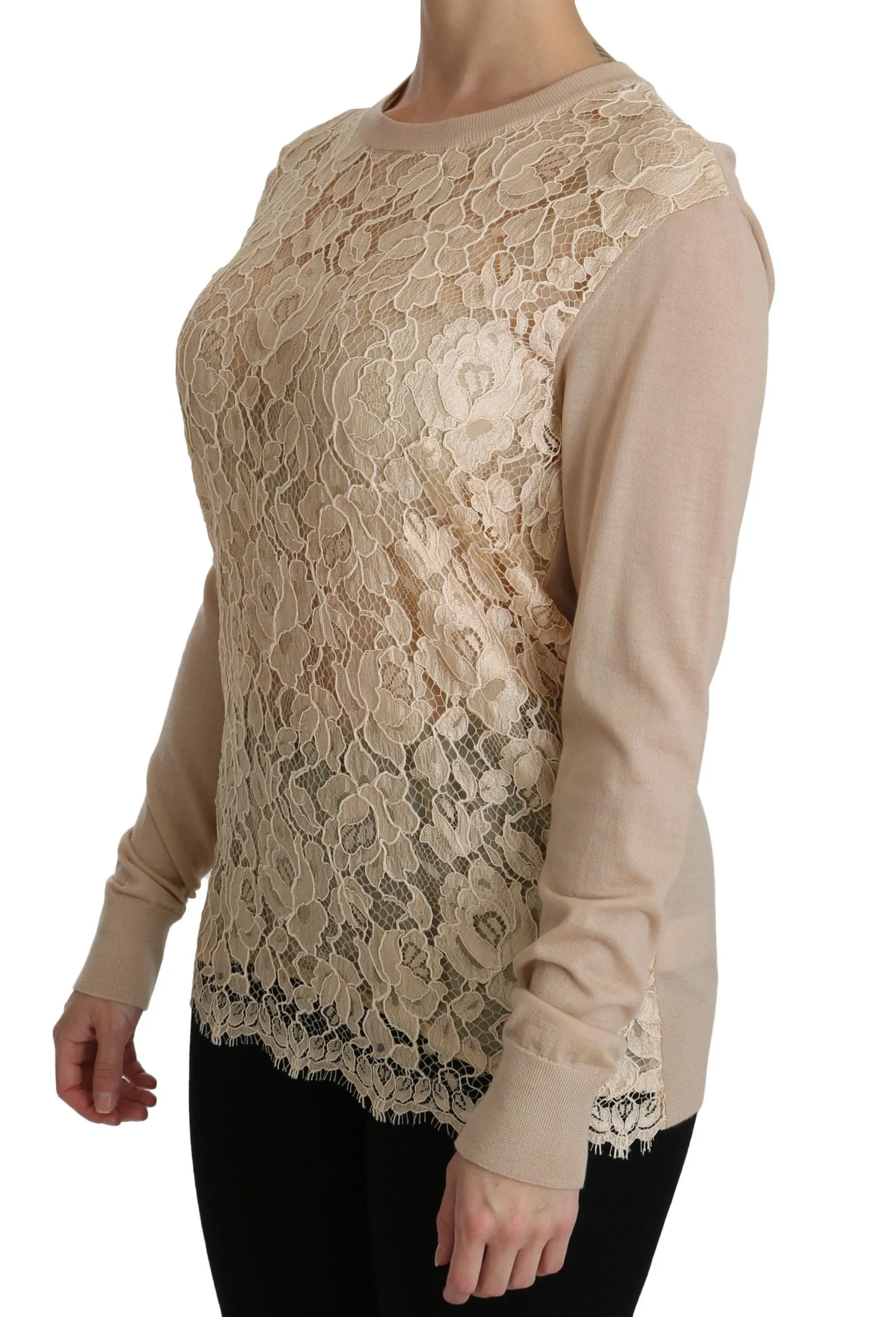 Dolce & Gabbana Beige Lace Long Sleeve Top Cashmere Blouse sold by Siebentaschen product image thumbnail 4